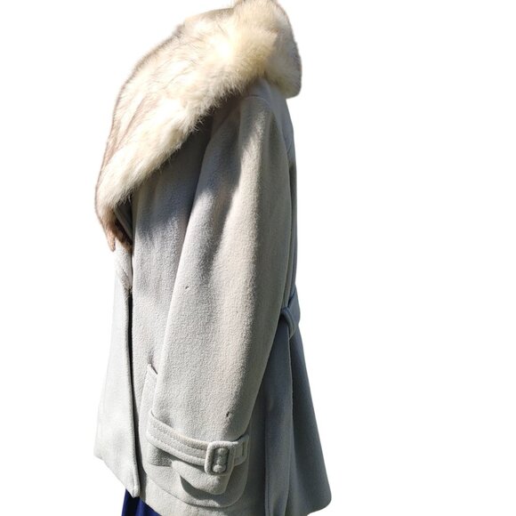 Real Fox Fur Collar Coat Belt Light Gray Wool Satin Lining Project or Parts - Picture 10 of 12